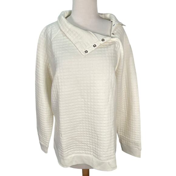 T by Talbots Quilted Mock Neck Snap Sweatshirt Large Off White Cozy Winter Cabin - Picture 3 of 12